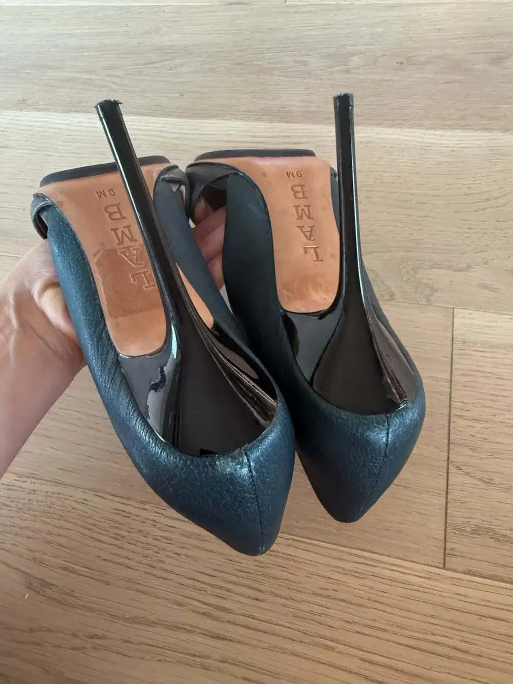 L.A.M.B. Womens 9 Black Green Leather Stiletto High Heels Pointed Toe Shoes